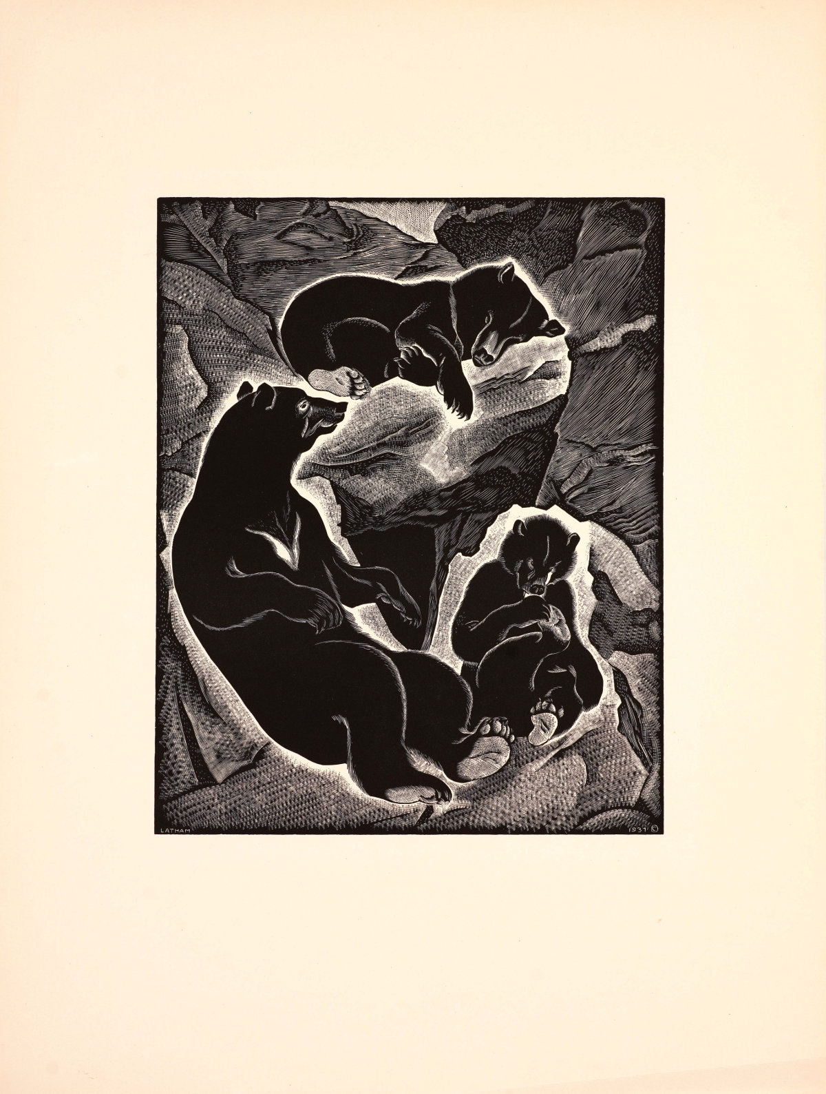 Three black bears rest in a cave-like setting in a circular formation. The cub at the top is asleep, while the other cub on the bottom right plays with his right back paw. The mother bear at left watches her sleeping cub.