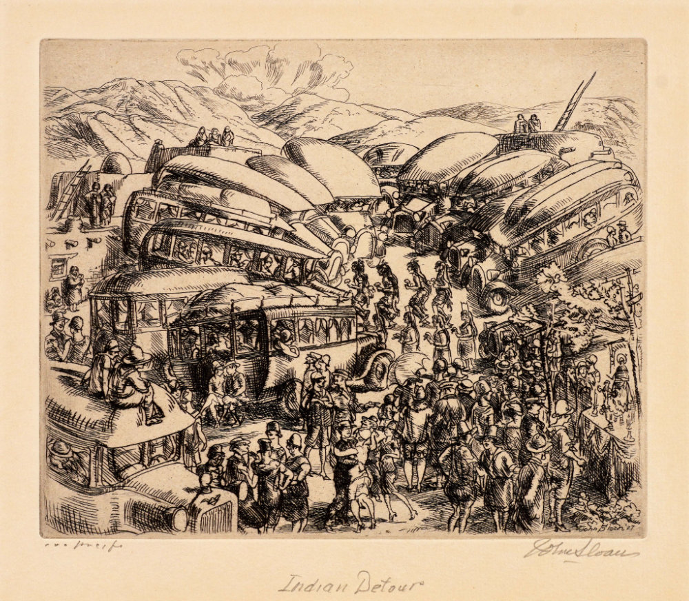A crowd of people and cars surround a group of dancing Native figures in this black and white image.