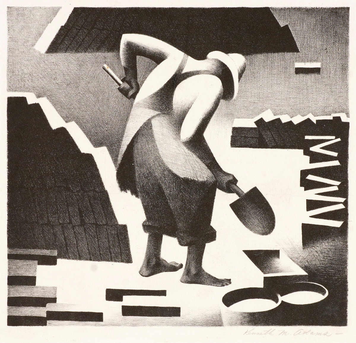 The bent back of a man looking down while holding a shovel as he prepares to fill his brick mold. Piles of already made bricks surround him.