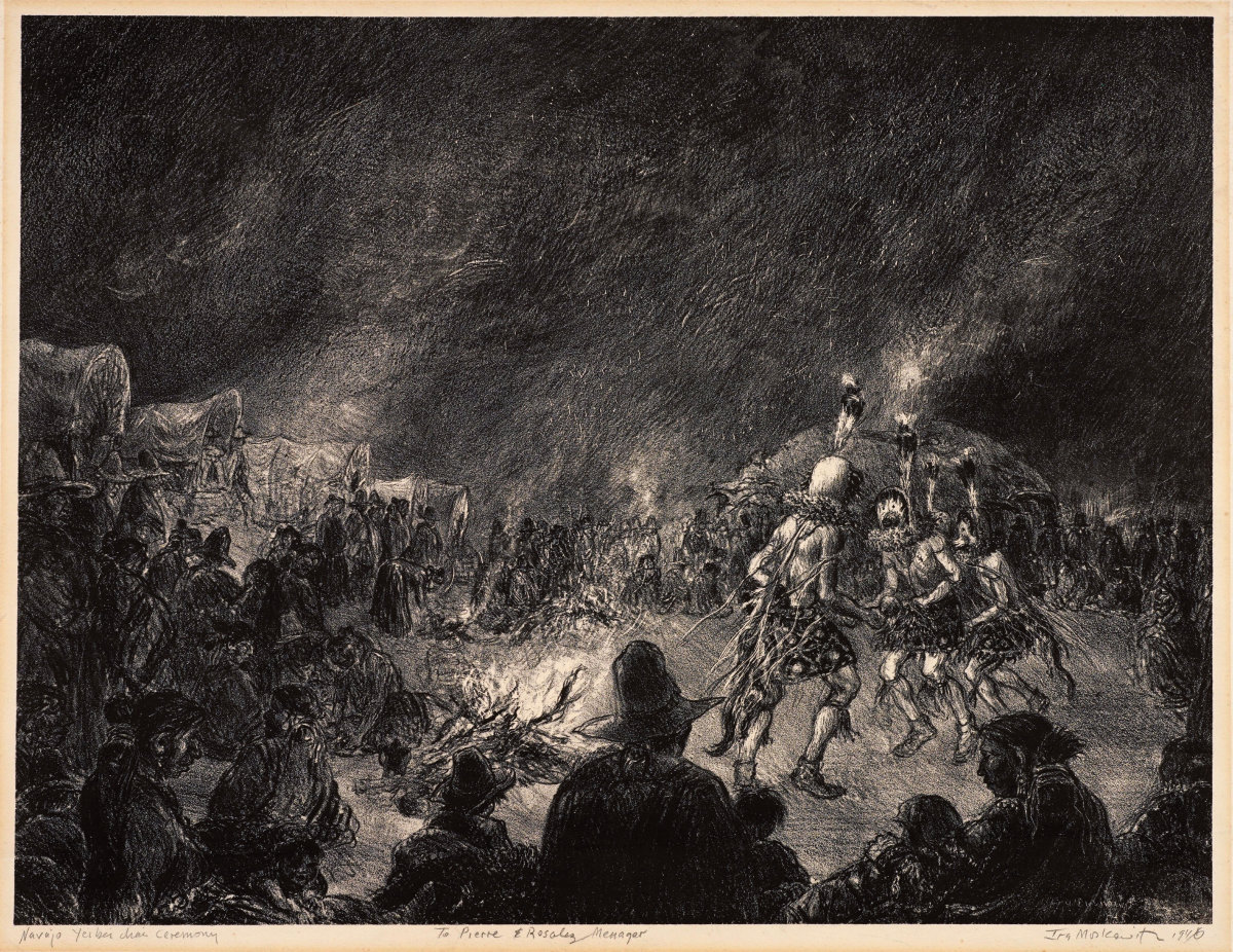 Nighttime scene of a dance ceremony with four dancers by a large fire and watched by a large audience surrounding the dancers on all sides. A domed structure and several covered wagons make up some of the background.